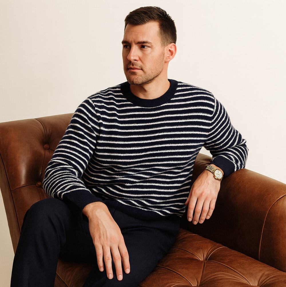 J. CREW Textured Cashmere Crewneck Sweater Stripe Blue White Sz L $228 {M29}